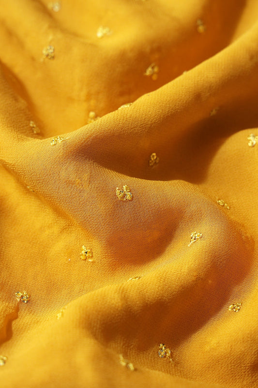 Small Motif Sequins Embroidery On Yellow Viscose Georgette Fabric
