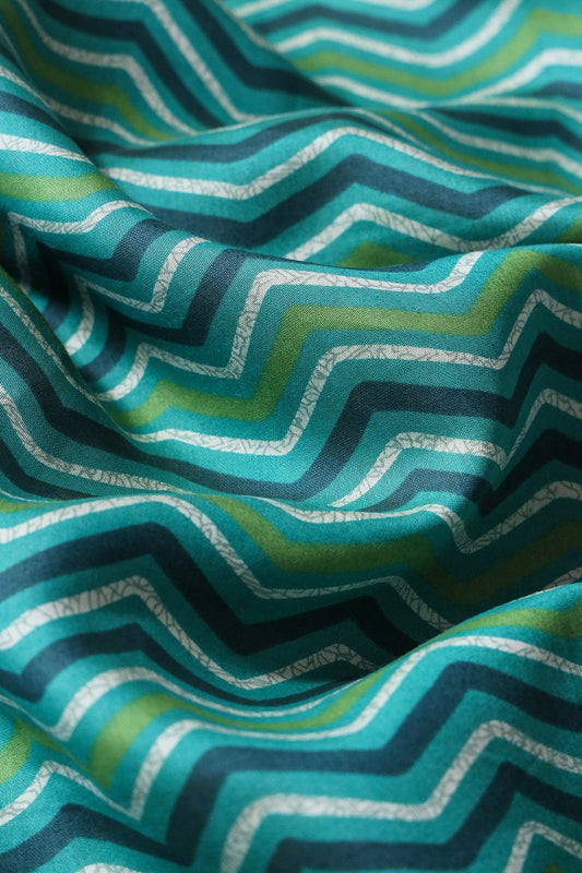 Teal And Cream Chevron Print On Viscose Chanderi Silk Fabric