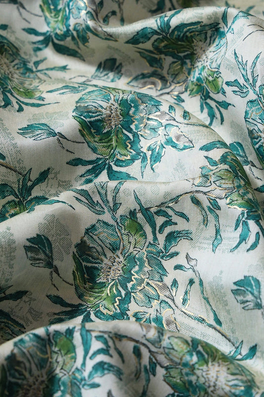 Teal And Cream Floral Foil Print On Viscose Chanderi Silk Fabric
