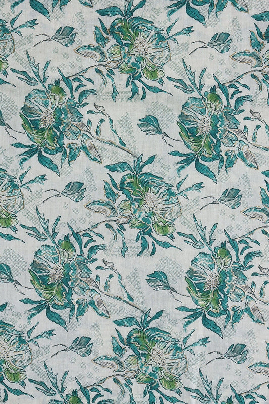 Teal And Cream Floral Foil Print On Viscose Chanderi Silk Fabric