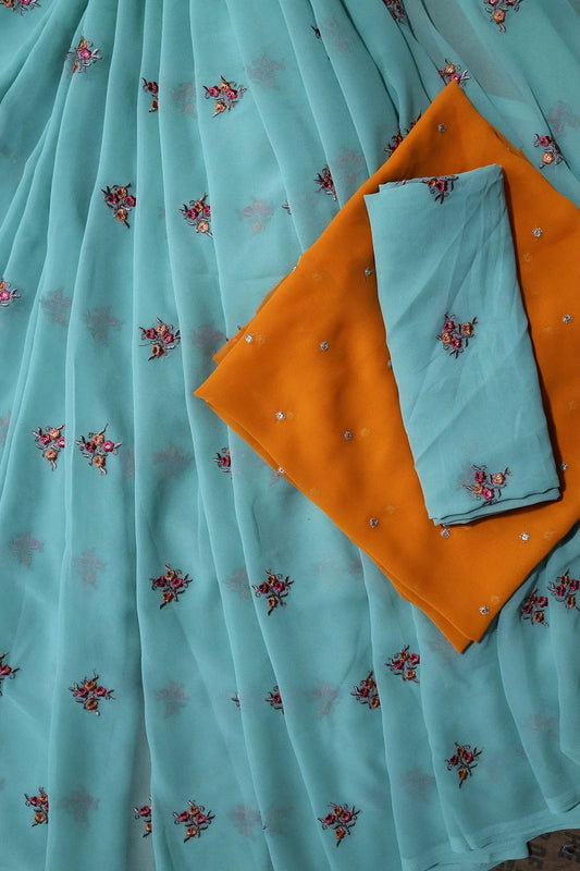 Teal And Mustard Yellow Unstitched Lehenga Set Fabric (3 Piece)