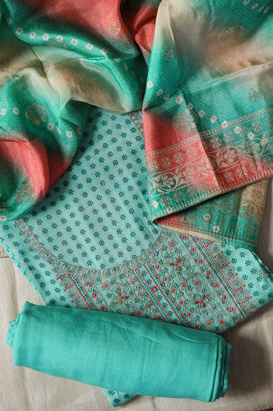 Teal Semi Stitched Pure Dola Silk Suit Set (3 piece)