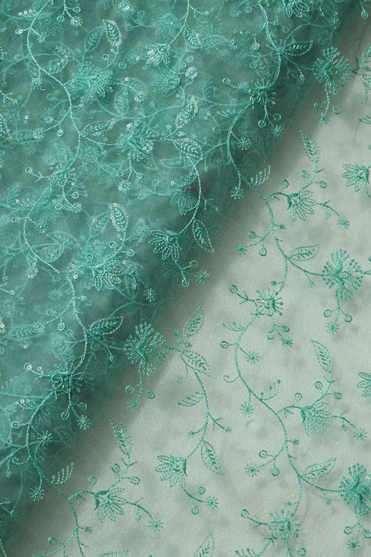 Teal Thread With Water Sequins Floral Embroidery On Teal Soft Net Fabric