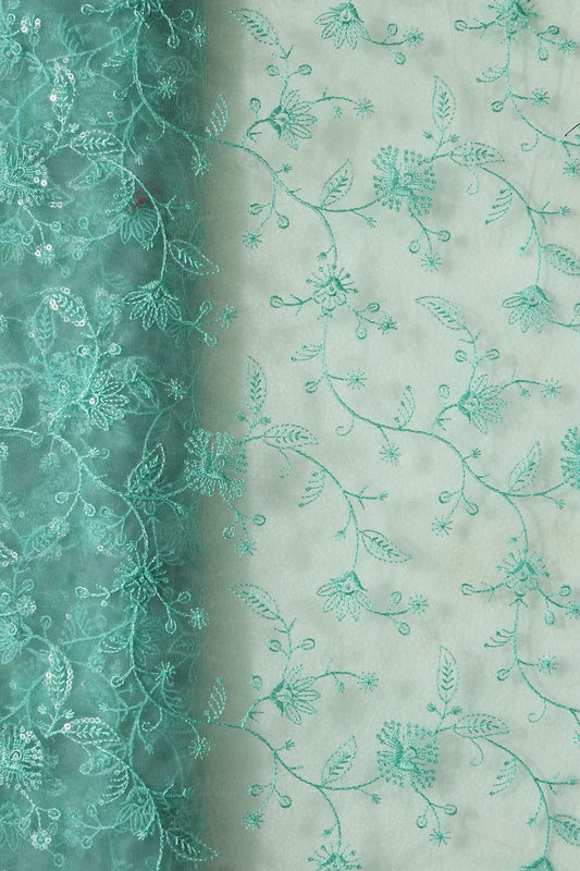 Teal Thread With Water Sequins Floral Embroidery On Teal Soft Net Fabric