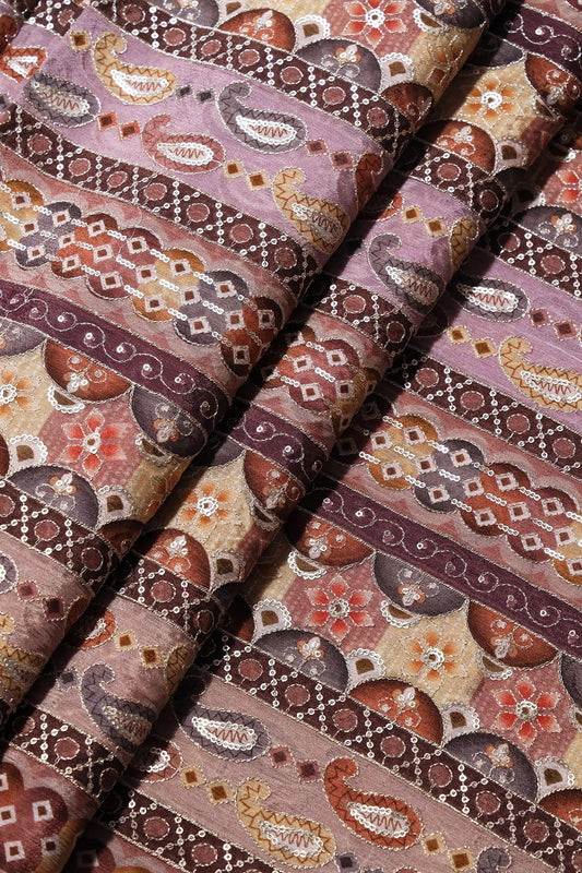 Traditional Position Print On Sequins Embroidery Light Brown Viscose Chinnon Chiffon Fabric