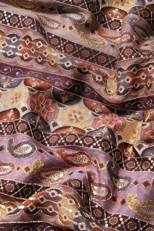 Traditional Position Print On Sequins Embroidery Light Brown Viscose Chinnon Chiffon Fabric