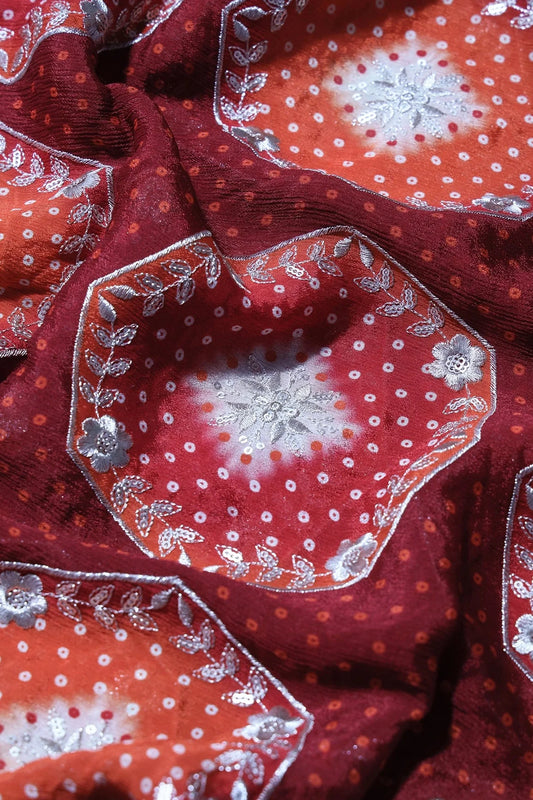 Trendy Bandhani Position Print On Sequins Embroidery Maroon Viscose Chinnon Chiffon Fabric