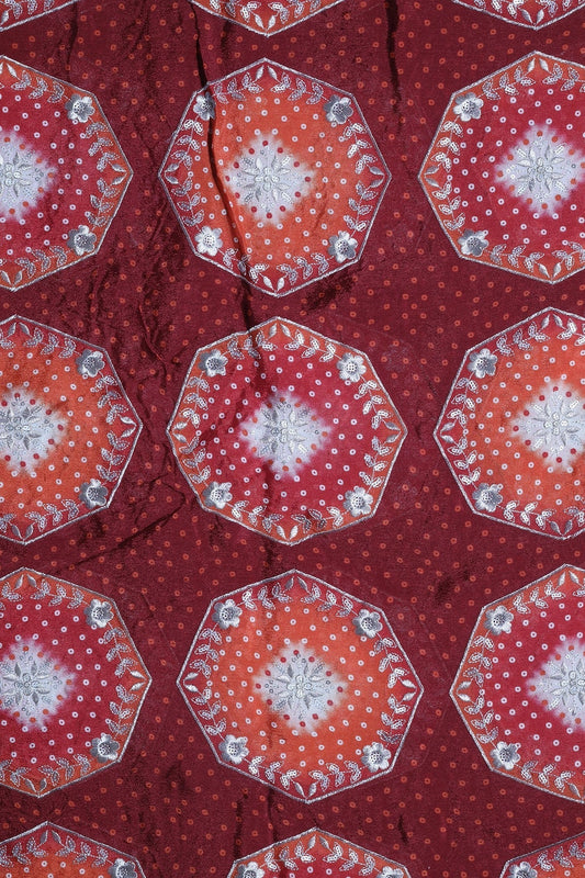 Trendy Bandhani Position Print On Sequins Embroidery Maroon Viscose Chinnon Chiffon Fabric