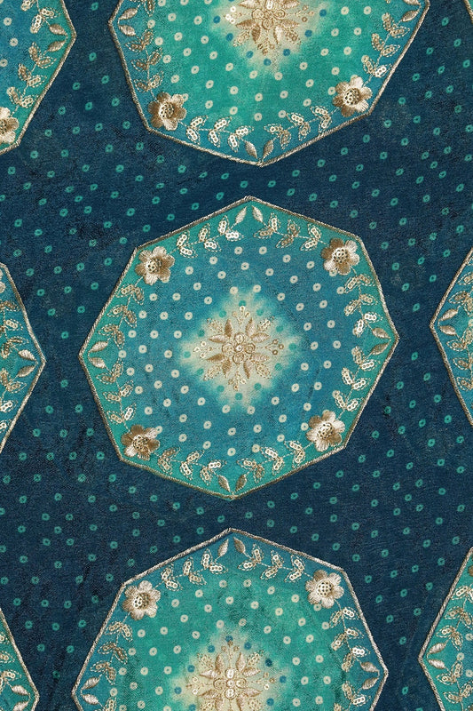 Trendy Bandhani Position Print On Sequins Embroidery Prussian Blue Viscose Chinnon Chiffon Fabric