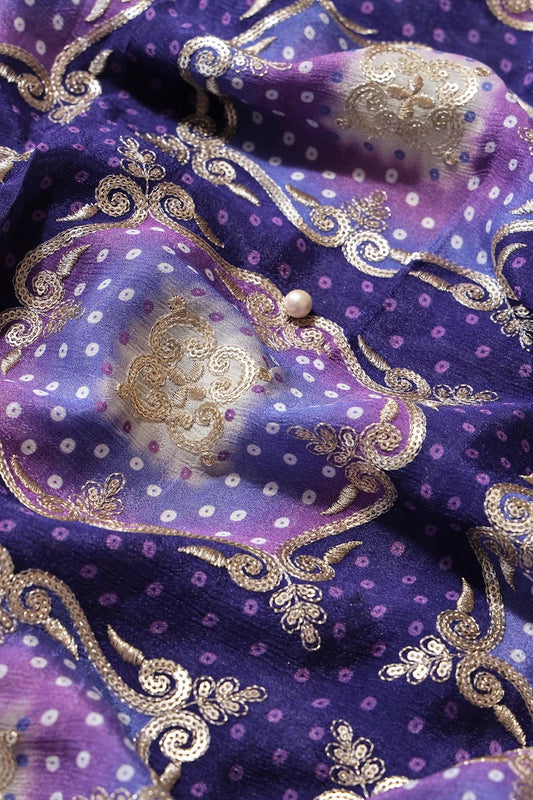 Trendy Bandhani Position Print On Sequins Embroidery Purple Viscose Chinnon Chiffon Fabric