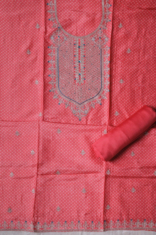 Watermelon Pink Semi Stitched Pure Dola Silk Suit Set (3 piece)