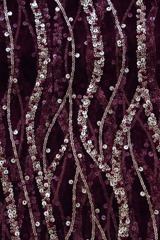 Wavy Gold Sequins Embroidery on Wine Soft Net Fabric
