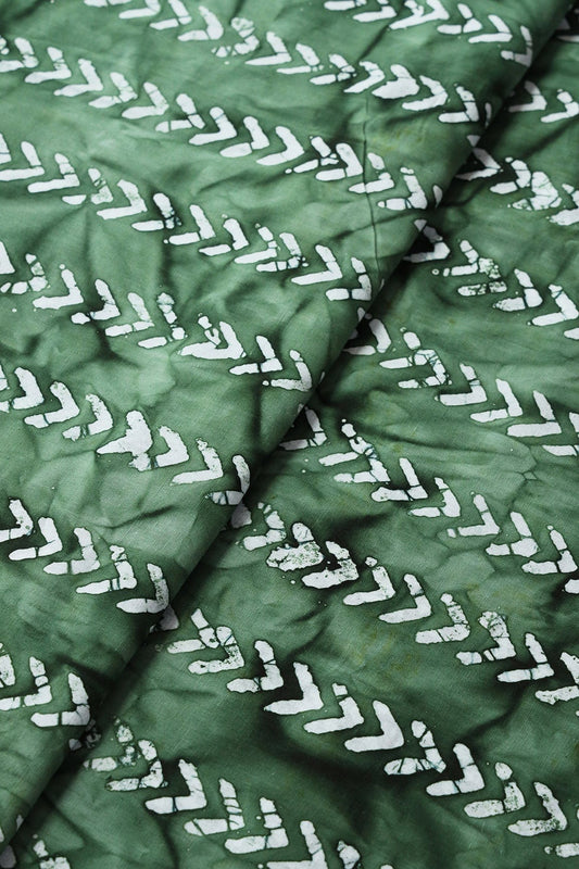 White And Green Geometric Pattern Batik Handblock Organic Cotton Fabric