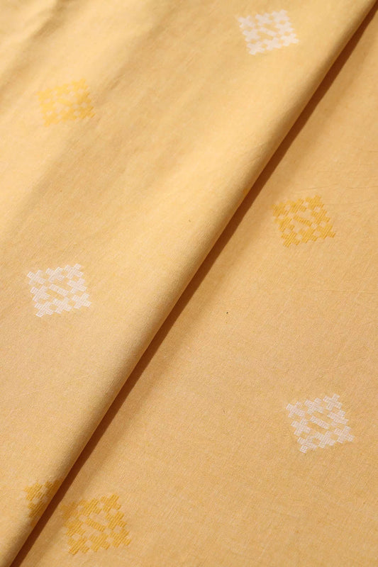 White And Mellow Yellow Small Booti Pattern Handwoven Organic Cotton Fabric