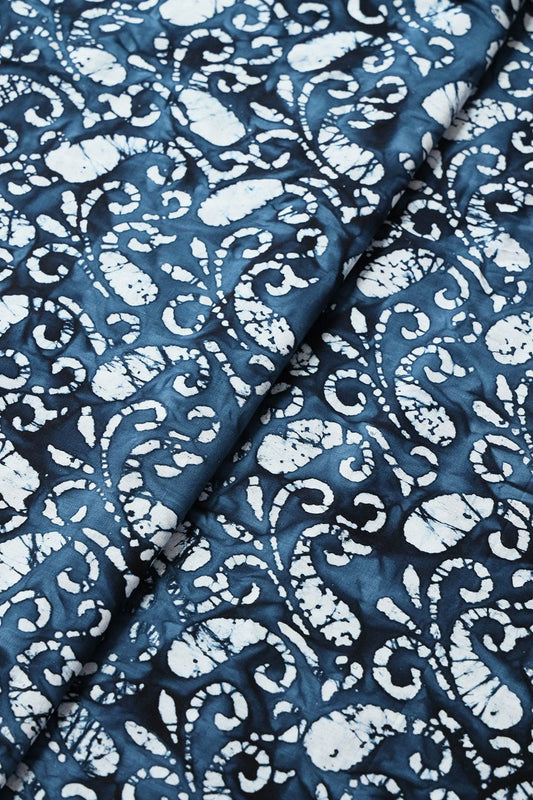 White And Navy Blue Paisley Pattern Batik Handblock Organic Cotton Fabric