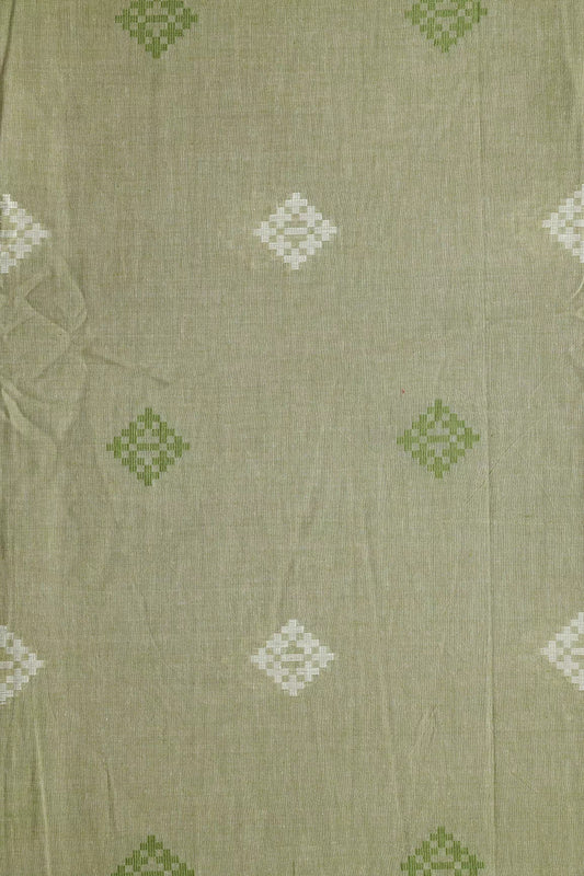 White And Olive Small Booti Pattern Handwoven Organic Cotton Fabric