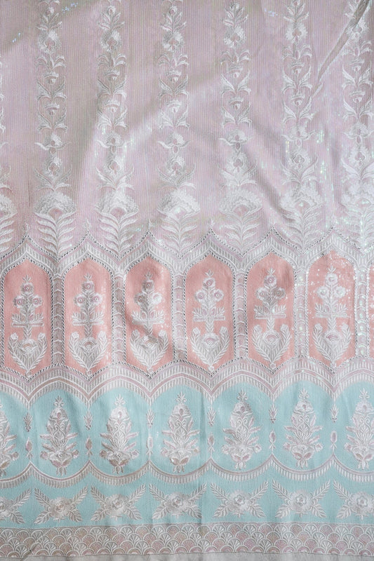 White And Peach Unstitched Lehenga Set Fabric (3 Piece)