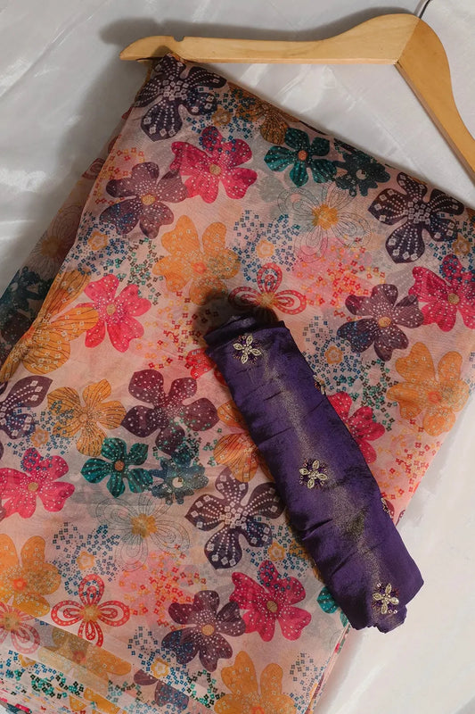 White And Purple Saree Set (2 Piece)