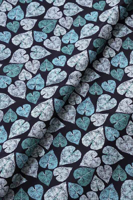 White And Teal Leafy Pattern Digital Print On Dark Navy Blue French Crepe Fabric
