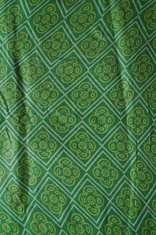White And Yellow Bandhani Print On Green Kota Doria Fabric
