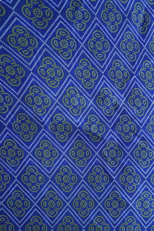 White And Yellow Bandhani Print On Royal Blue Kota Doria Fabric