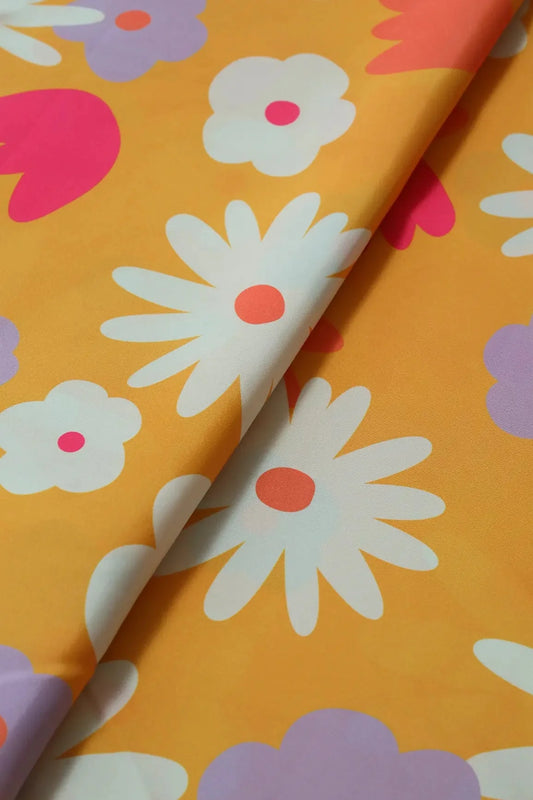 White And Yellow Beautiful Floral Pattern Digital Print On French Crepe Fabric