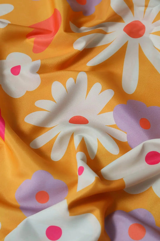 White And Yellow Beautiful Floral Pattern Digital Print On French Crepe Fabric