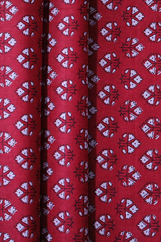 White Floral Booti Pattern Print On Red Pure Cotton Fabric