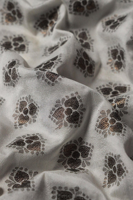 White Floral Booti Pure Crepe Taspa Dyeable Banarasi Silk Jacquard Fabric