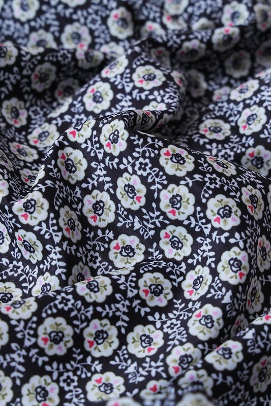 White Floral Pattern Digital Print On Black French Crepe Fabric