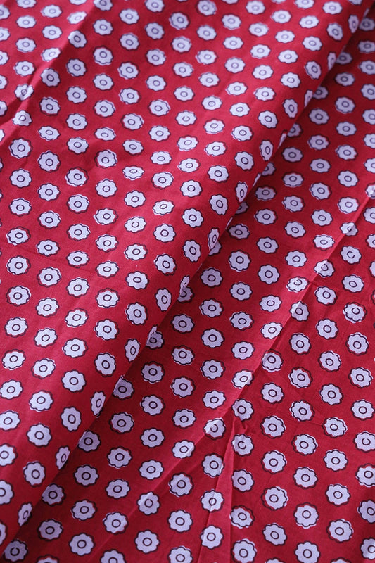 White Small Floral Booti Pattern Print On Red Pure Cotton Fabric