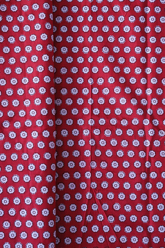 White Small Floral Booti Pattern Print On Red Pure Cotton Fabric