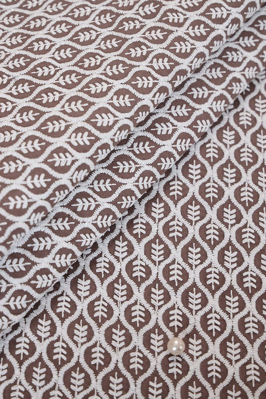 White Thread Beautiful Trellis Embroidery On Light Brown Soft Cotton Fabric
