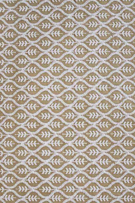 White Thread Beautiful Trellis Embroidery On Light Mehendi Green Soft Cotton Fabric