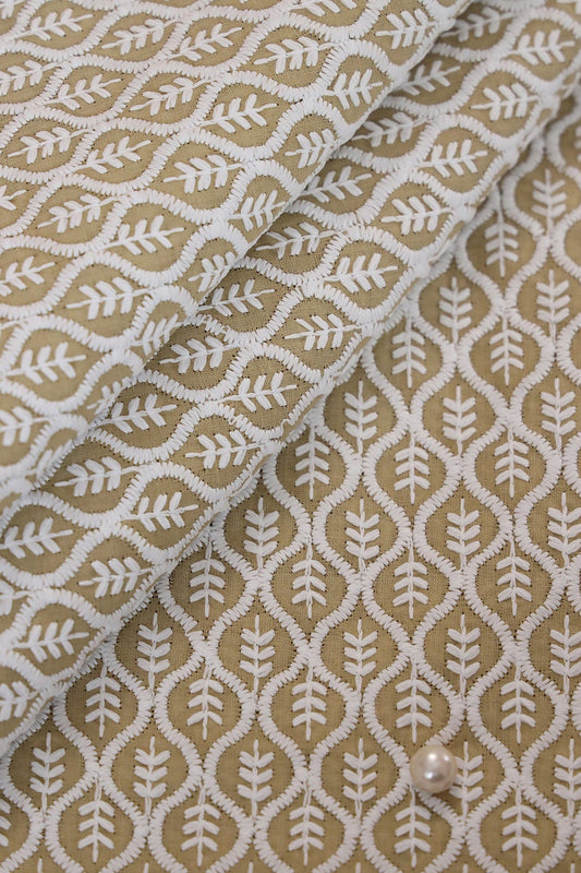 White Thread Beautiful Trellis Embroidery On Light Mehendi Green Soft Cotton Fabric