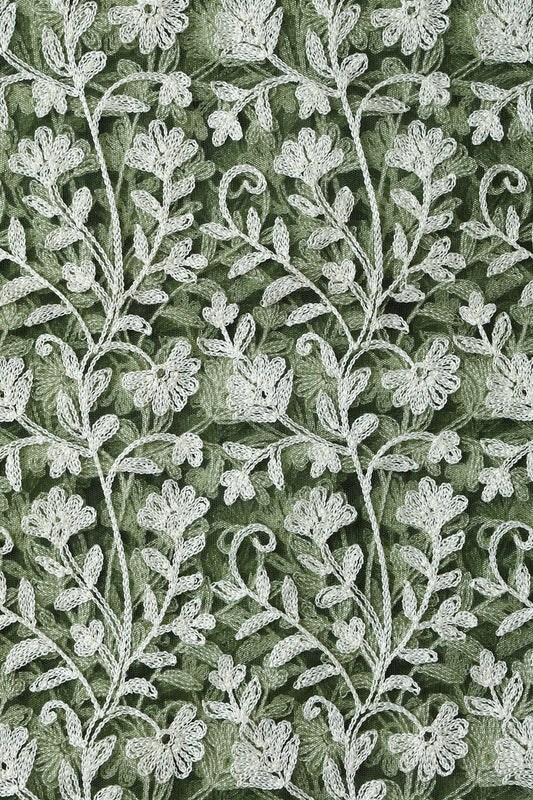 White Thread Floral Embroidery On Dark Olive Soft Net Fabric