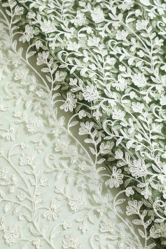 White Thread Floral Embroidery On Dark Olive Soft Net Fabric