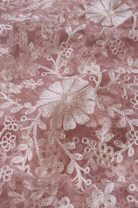White Thread Heavy Floral Embroidery On Mauve Soft Net Fabric