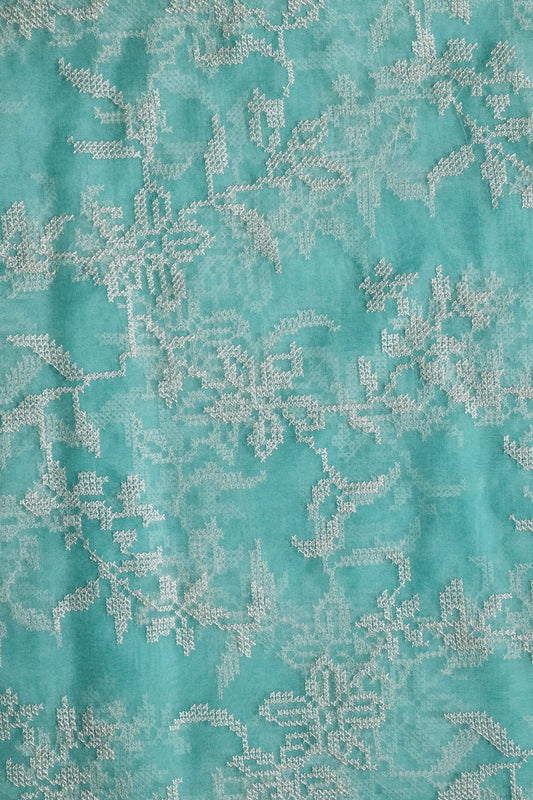 White Thread Magnificent Floral Embroidery Work On Sea Green Organza Fabric
