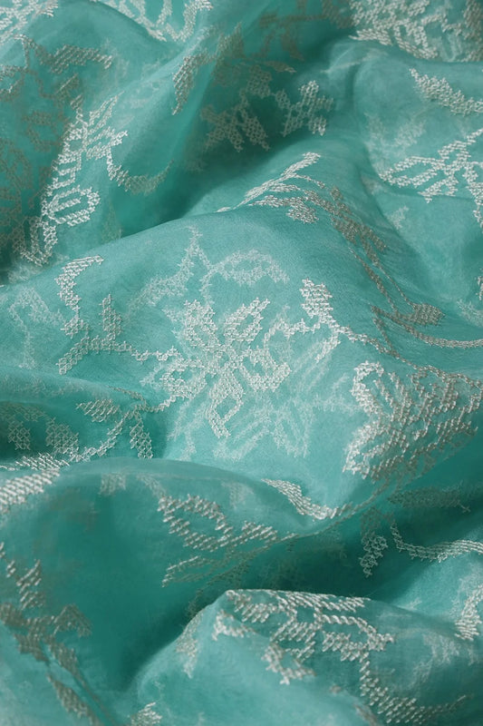 White Thread Magnificent Floral Embroidery Work On Sea Green Organza Fabric