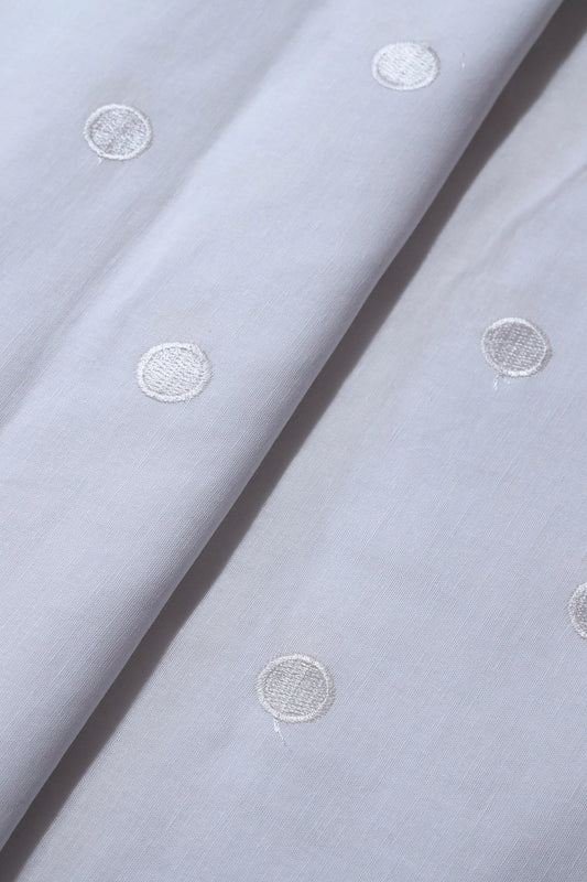 White Thread Polka Embroidery Work On White Organic Cotton Fabric