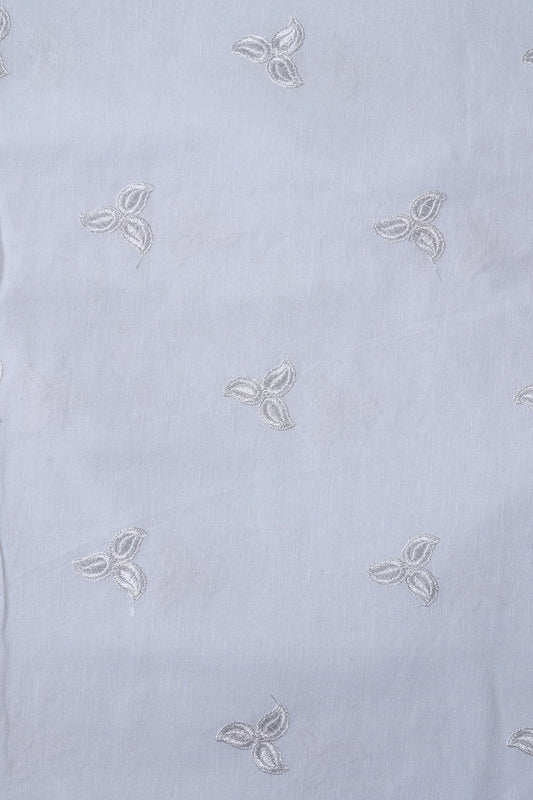 White Thread Small Floral Embroidery Work On White Organic Cotton Fabric