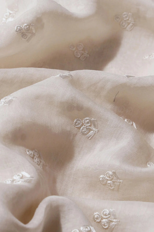 White Thread Small Floral Motif Embroidery On Cream Pure Banarasi Chanderi Silk Fabric
