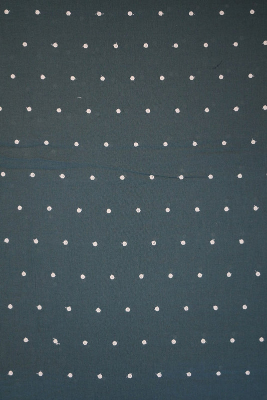 White Thread Small Polka Embroidery Work On Dark Peacock Green Flex Cotton Fabric