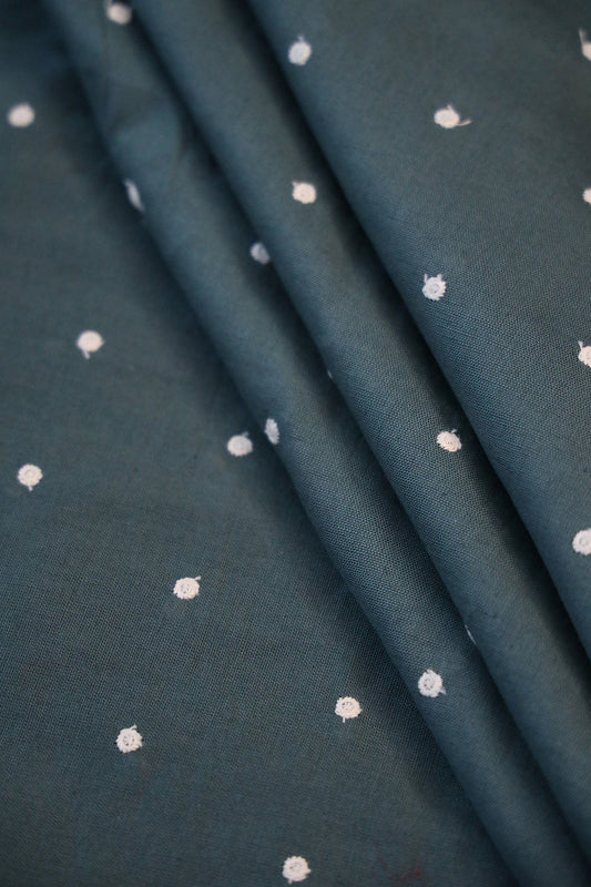 White Thread Small Polka Embroidery Work On Dark Peacock Green Flex Cotton Fabric