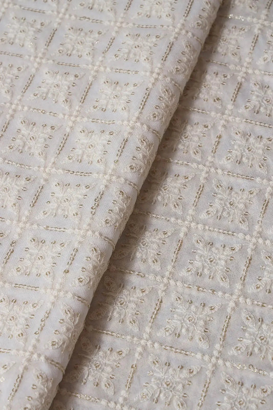 White Thread With Gold Glitter Sequins Checks Lucknowi Embroidery On Dyeable Viscose Georgette Fabric