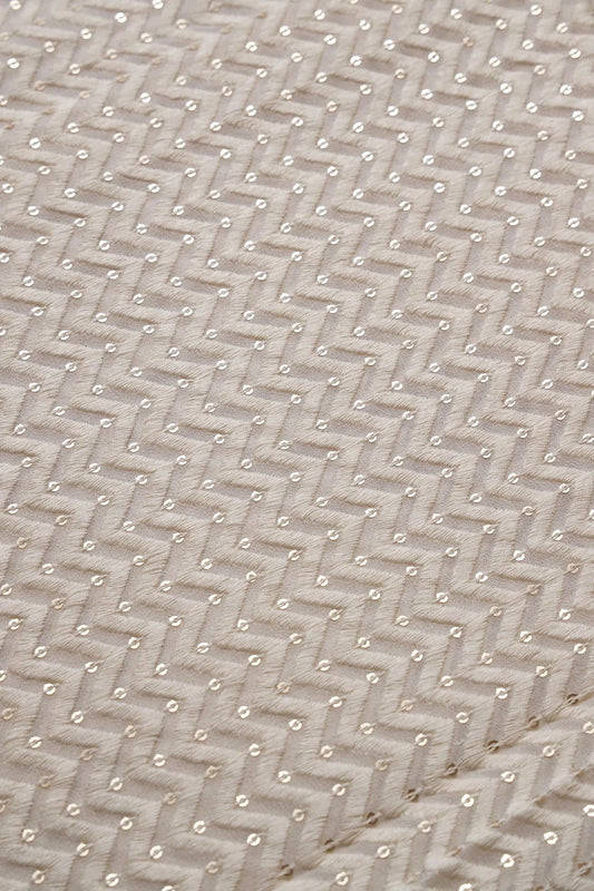 White Thread With Gold Sequins Chevron Embroidery Work On White Dyeable Viscose Georgette Fabric