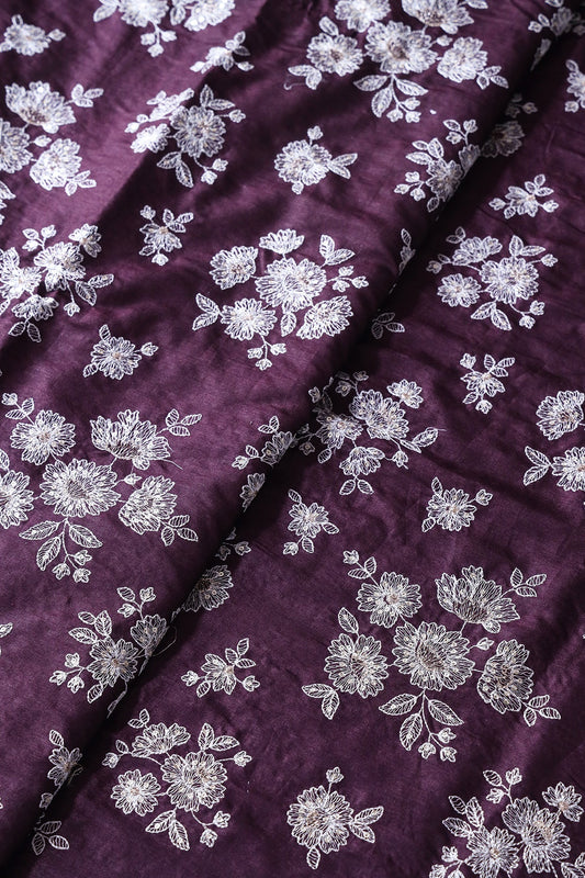 White Thread With Gold Sequins Floral Embroidery On Wine Pure Bamboo Silk Fabric