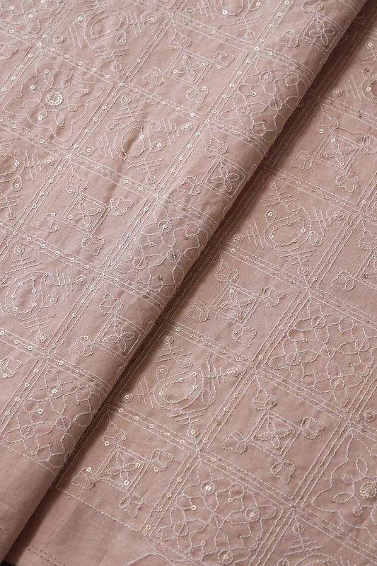 White Thread With Gold Sequins Geometric Embroidery Work On Beige Organic Cotton Fabric