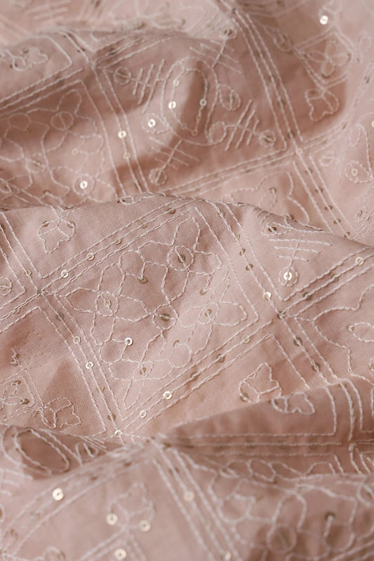 White Thread With Gold Sequins Geometric Embroidery Work On Beige Organic Cotton Fabric